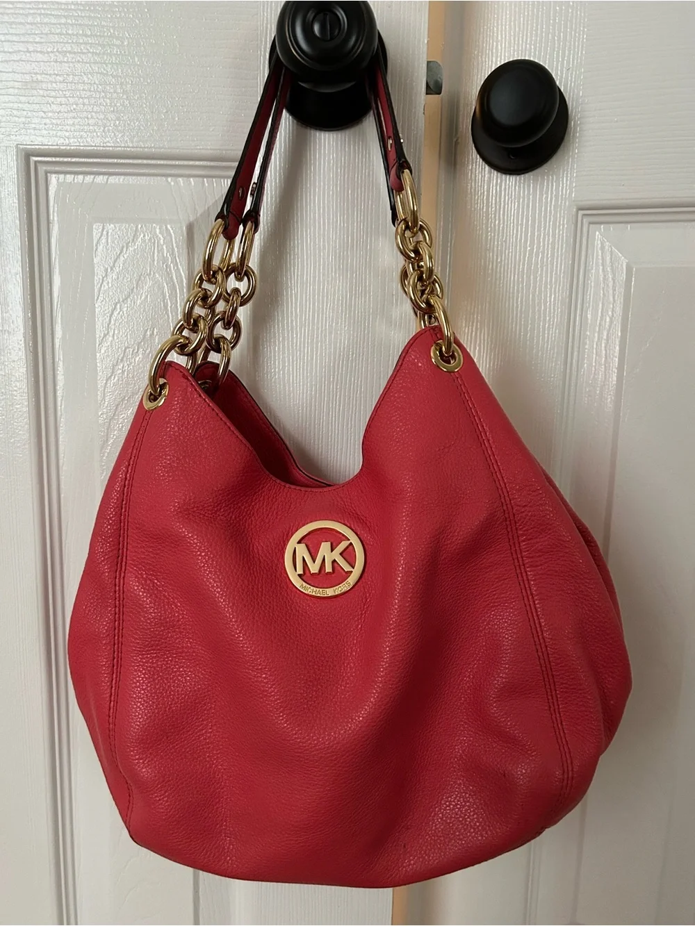 Michael Kors Coral-Red Pebbled Leather Chain Strap Hobo